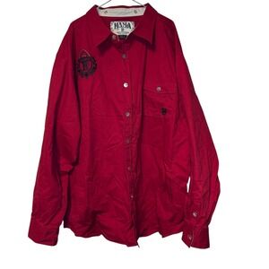Hama Denim Men Shirt Vintage Long Sleeve‎ Embroidered 100% Cotton Pocket Red 3XL